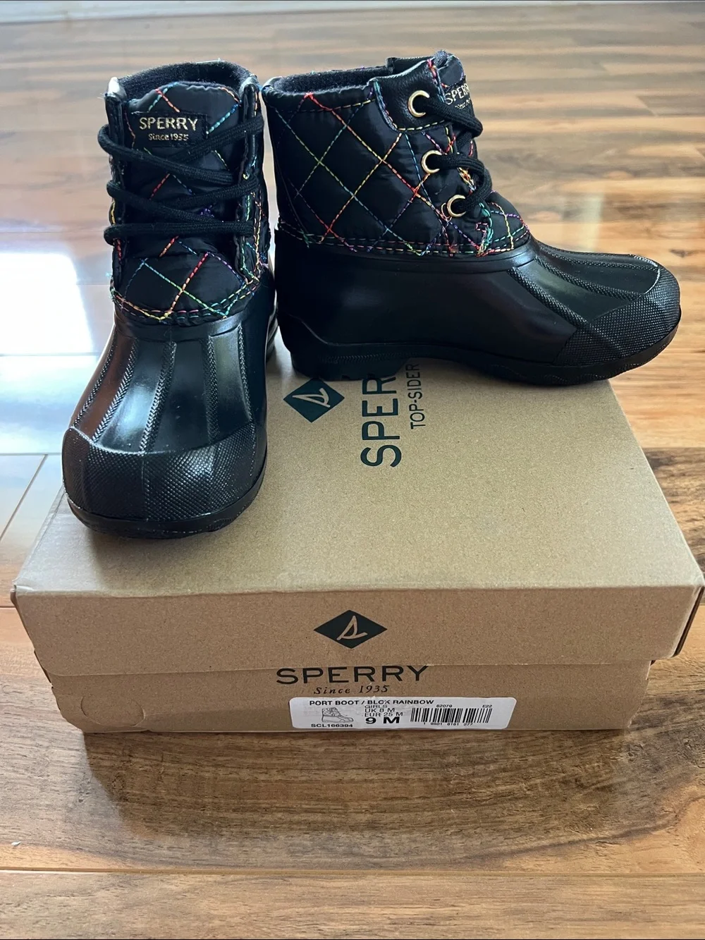 Sperry Girls Port Boot Black Rainbow Quilted Rain Snow Boots Toddler Size 9M NIB